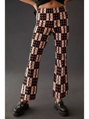 Maeve Anthropologie Margot Tan Black Polka Dot Crop Kick-Flare Pants, Size XS